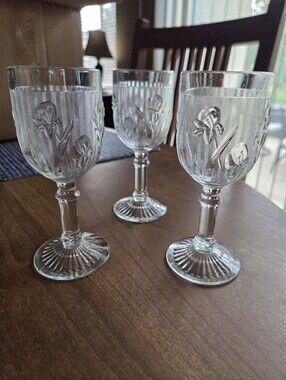 Three "Iris & Herringbone" Jeanette Glass 4oz Clear Wine Glasses